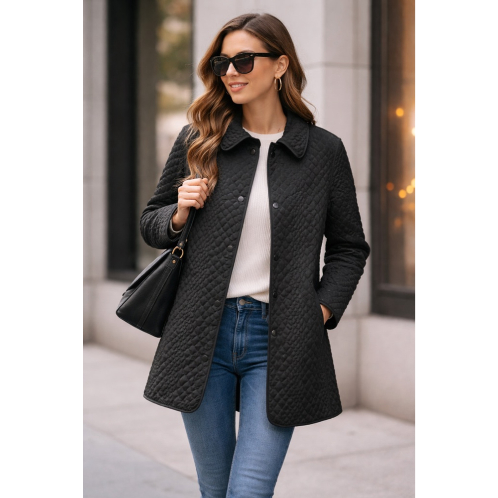 Hilary Radley Black Quilted Coat Jacket Size S Snap Front Lightweight